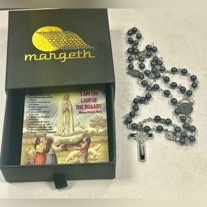 Black looks like Hematite rosary beads in gift box with Prayer Card NEW